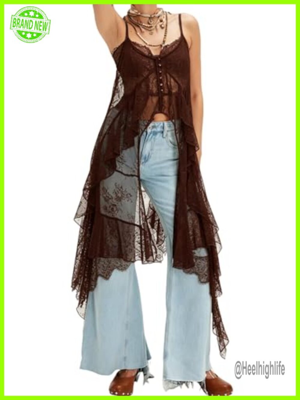Boho Lace Flowy Top Spaghetti Strap See Through Long Cami